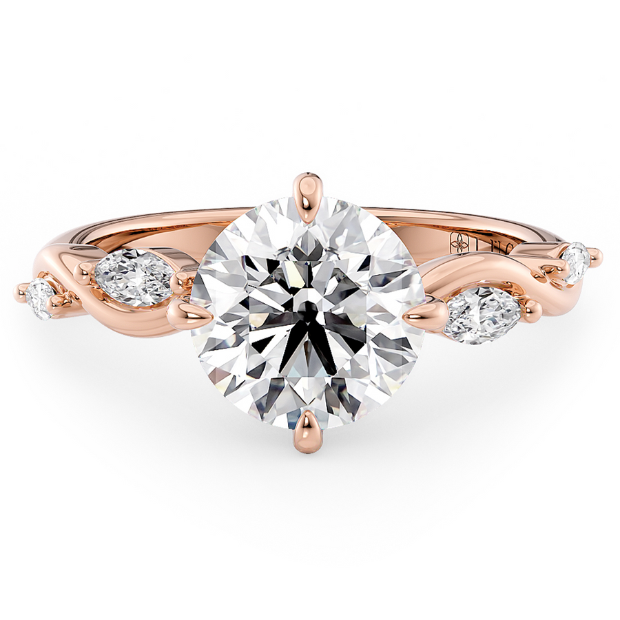 Load image into Gallery viewer, LUCCE Round Engagement Ring Low Setting with Lab or Natural Diamond and marquise accents in Gold or Platinum
