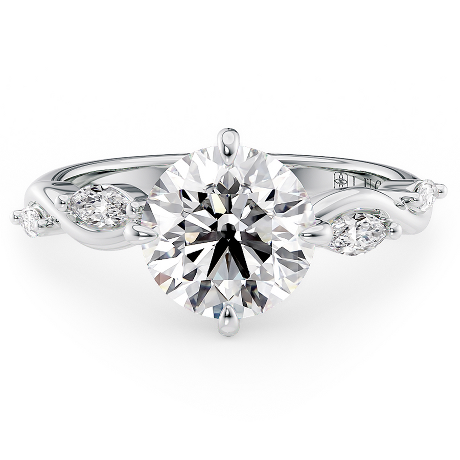 Load image into Gallery viewer, LUCCE Round Engagement Ring Low Setting with Lab or Natural Diamond and marquise accents in Gold or Platinum
