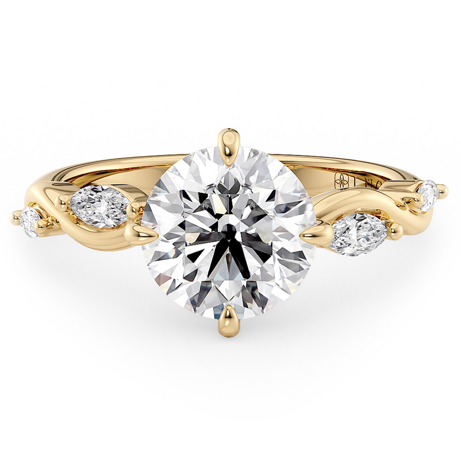 Load image into Gallery viewer, LUCCE Round Engagement Ring Low Setting with Lab or Natural Diamond and marquise accents in Gold or Platinum

