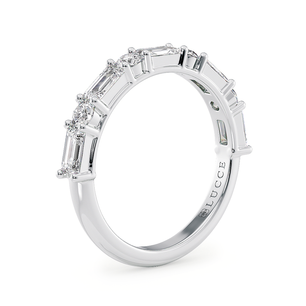 Load image into Gallery viewer, LUCCE Half Eternity Alternating Baguette and Round Diamond Female Wedding Ring in Gold or Platinum
