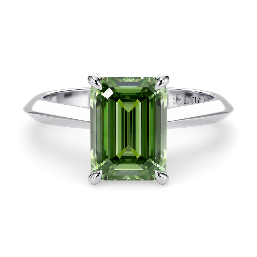 Load image into Gallery viewer, LUCCE Knife Edge Cathedral Emerald Green Diamond Solitaire Engagement Ring with Overlapping Petal Prongs in Gold or Platinum
