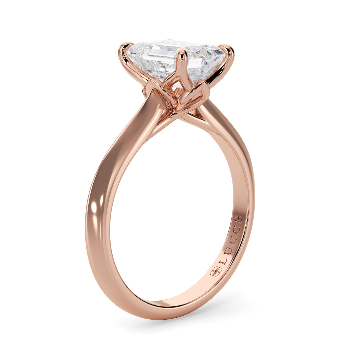 Load image into Gallery viewer, LUCCE Knife Edge Cathedral Emerald Diamond Solitaire Engagement Ring with Overlapping Petal Prongs in Gold or Platinum

