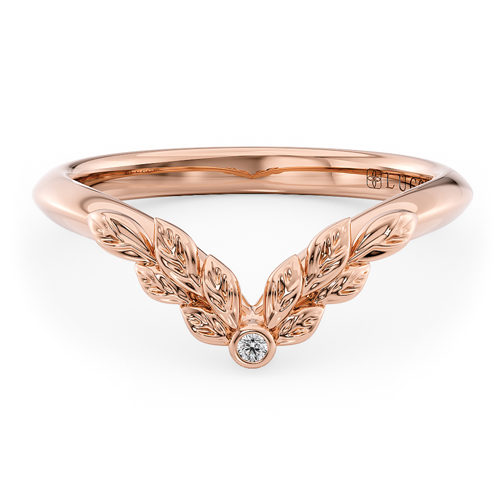 Load image into Gallery viewer, LUCCE Chevron Carved Leaves with Round Diamond Wedding Ring in Gold or Platinum
