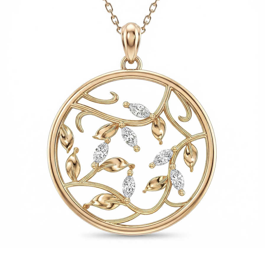Load image into Gallery viewer, LUCCE ECUADORIAN Marquise diamonds in intertwining vines encase round pendant in white, yellow and rose gold and platinum
