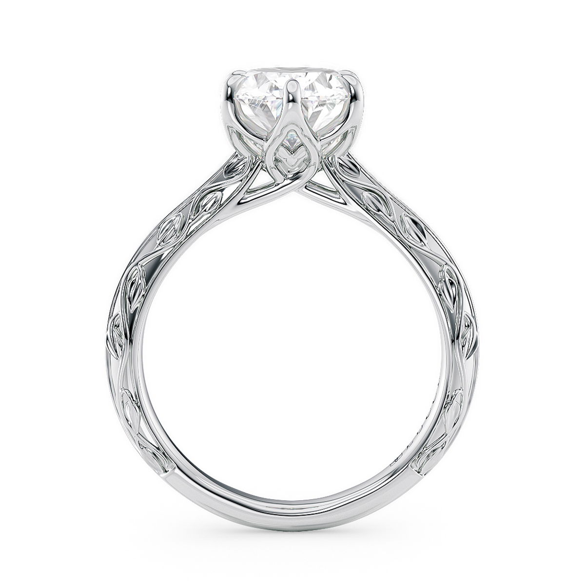 Load image into Gallery viewer, LUCCE Carved Knife Edge Cathedral Oval Diamond Solitaire Engagement Ring with Overlapping Petal Prongs in Gold or Platinum
