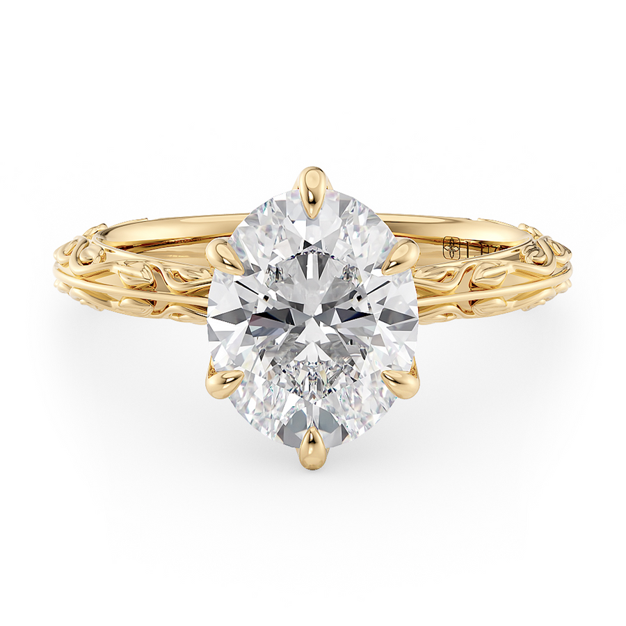 Load image into Gallery viewer, LUCCE Carved Knife Edge Cathedral Oval Diamond Solitaire Engagement Ring with Overlapping Petal Prongs in Gold or Platinum
