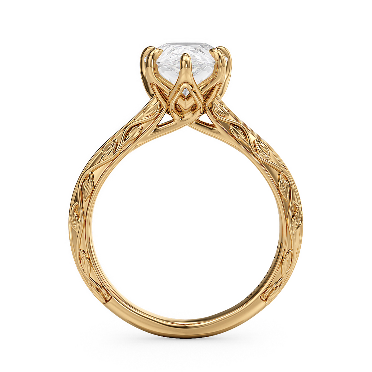 Load image into Gallery viewer, LUCCE Carved Knife Edge Cathedral Pear Diamond Solitaire Engagement Ring with Overlapping Petal Prongs in Gold or Platinum

