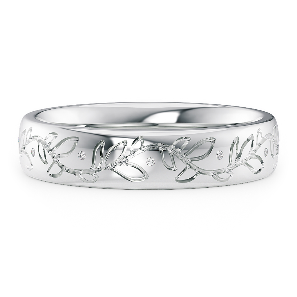 Load image into Gallery viewer, LUCCE Exterior Carved Leaf Motif Wedding Band with Round Diamonds in Gold or Platinum
