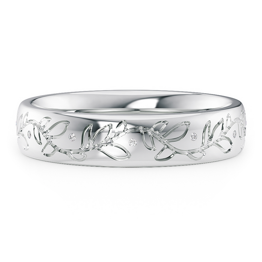 Load image into Gallery viewer, LUCCE Exterior Carved Leaf Motif Wedding Band with Round Diamonds in Gold or Platinum
