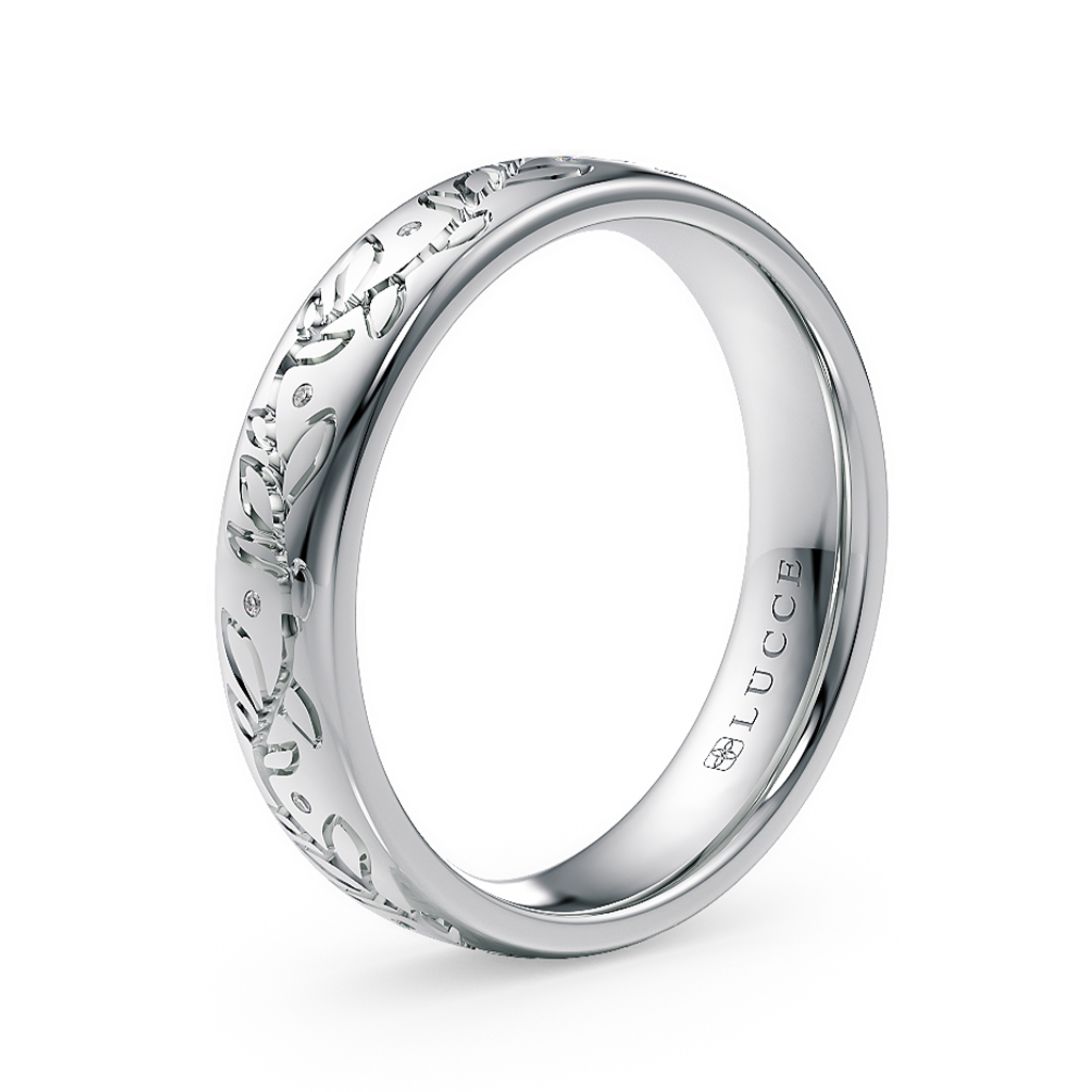 Load image into Gallery viewer, LUCCE Exterior Carved Leaf Motif Wedding Band with Round Diamonds in Gold or Platinum
