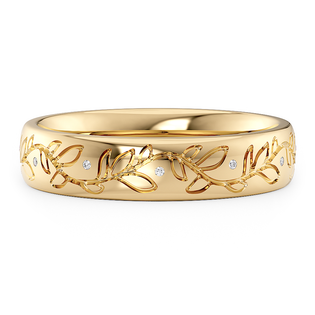 Load image into Gallery viewer, LUCCE Exterior Carved Leaf Motif Wedding Band with Round Diamonds in Gold or Platinum
