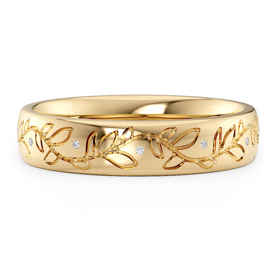 Load image into Gallery viewer, LUCCE Exterior Carved Leaf Motif Wedding Band with Round Diamonds in Gold or Platinum
