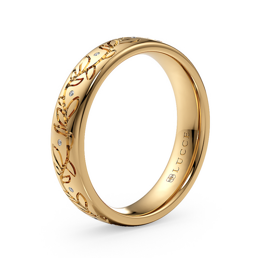 Load image into Gallery viewer, LUCCE Exterior Carved Leaf Motif Wedding Band with Round Diamonds in Gold or Platinum
