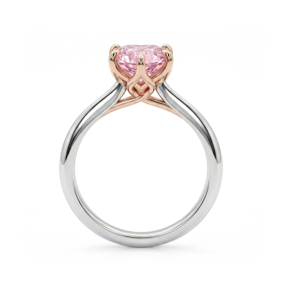 Load image into Gallery viewer, LUCCE Knife Edge Cathedral Heart Pink Diamond Solitaire Engagement Ring with Overlapping Petal Prongs in Gold or Platinum
