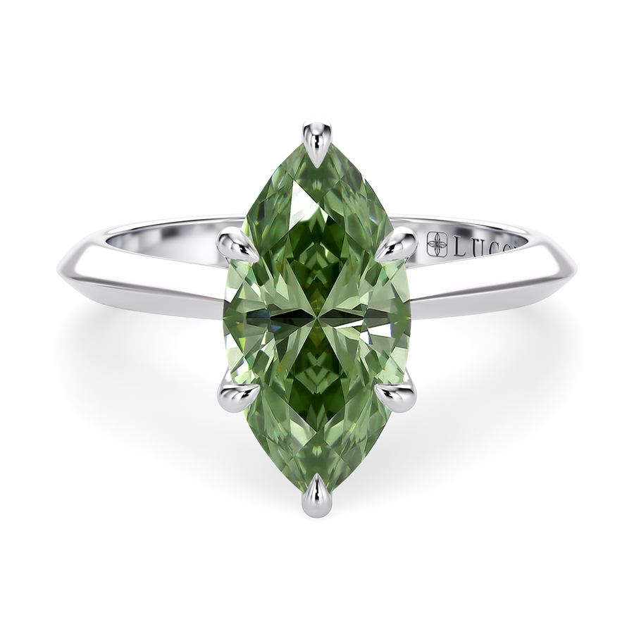 Load image into Gallery viewer, LUCCE Knife Edge Cathedral Marquise Green Diamond Solitaire Engagement Ring with Overlapping Petal Prongs in Gold or Platinum
