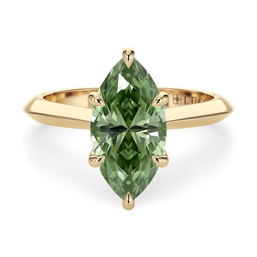 Load image into Gallery viewer, LUCCE Knife Edge Cathedral Marquise Green Diamond Solitaire Engagement Ring with Overlapping Petal Prongs in Gold or Platinum
