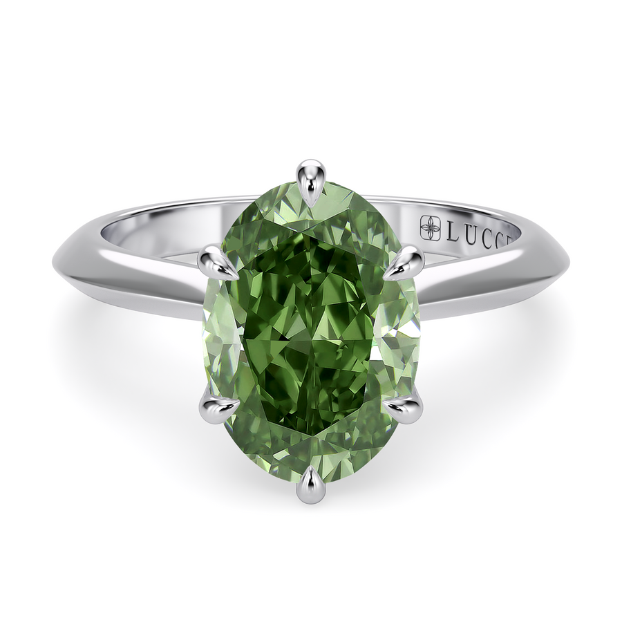 Load image into Gallery viewer, LUCCE Knife Edge Cathedral Oval Green Diamond Solitaire Engagement Ring with Overlapping Petal Prongs in Gold or Platinum
