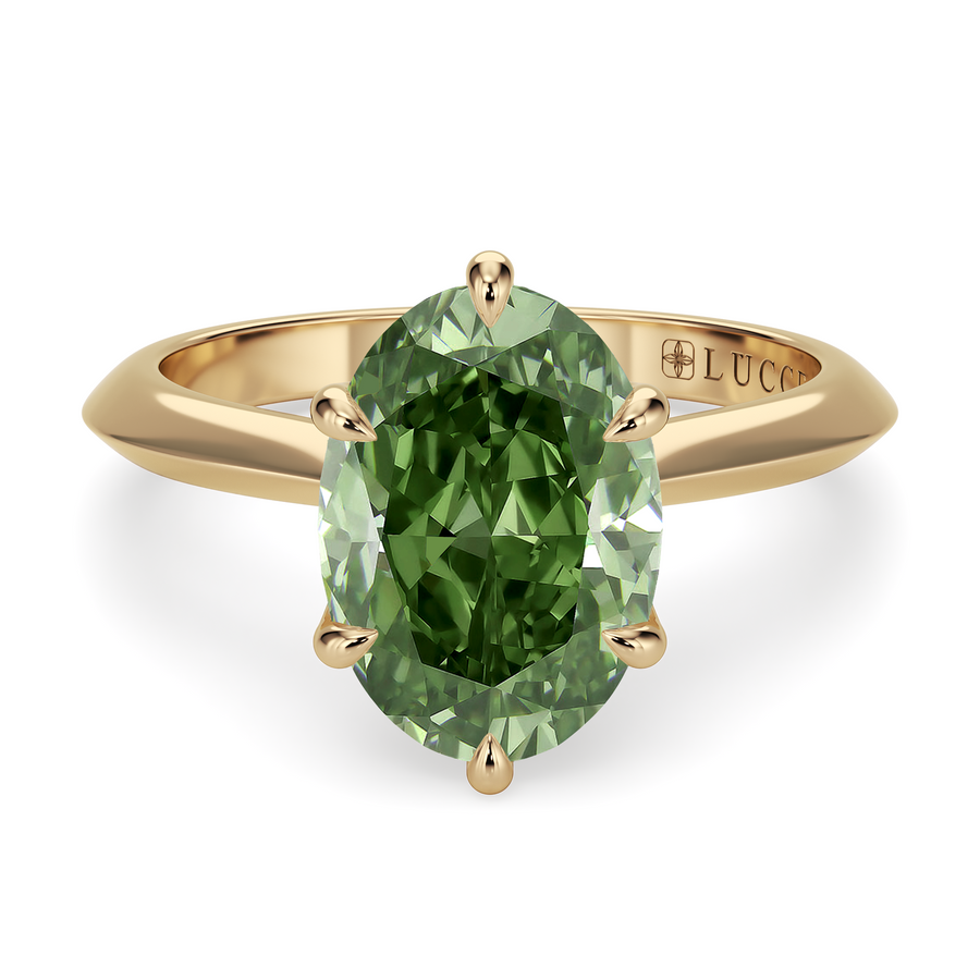 Load image into Gallery viewer, LUCCE Knife Edge Cathedral Oval Green Diamond Solitaire Engagement Ring with Overlapping Petal Prongs in Gold or Platinum
