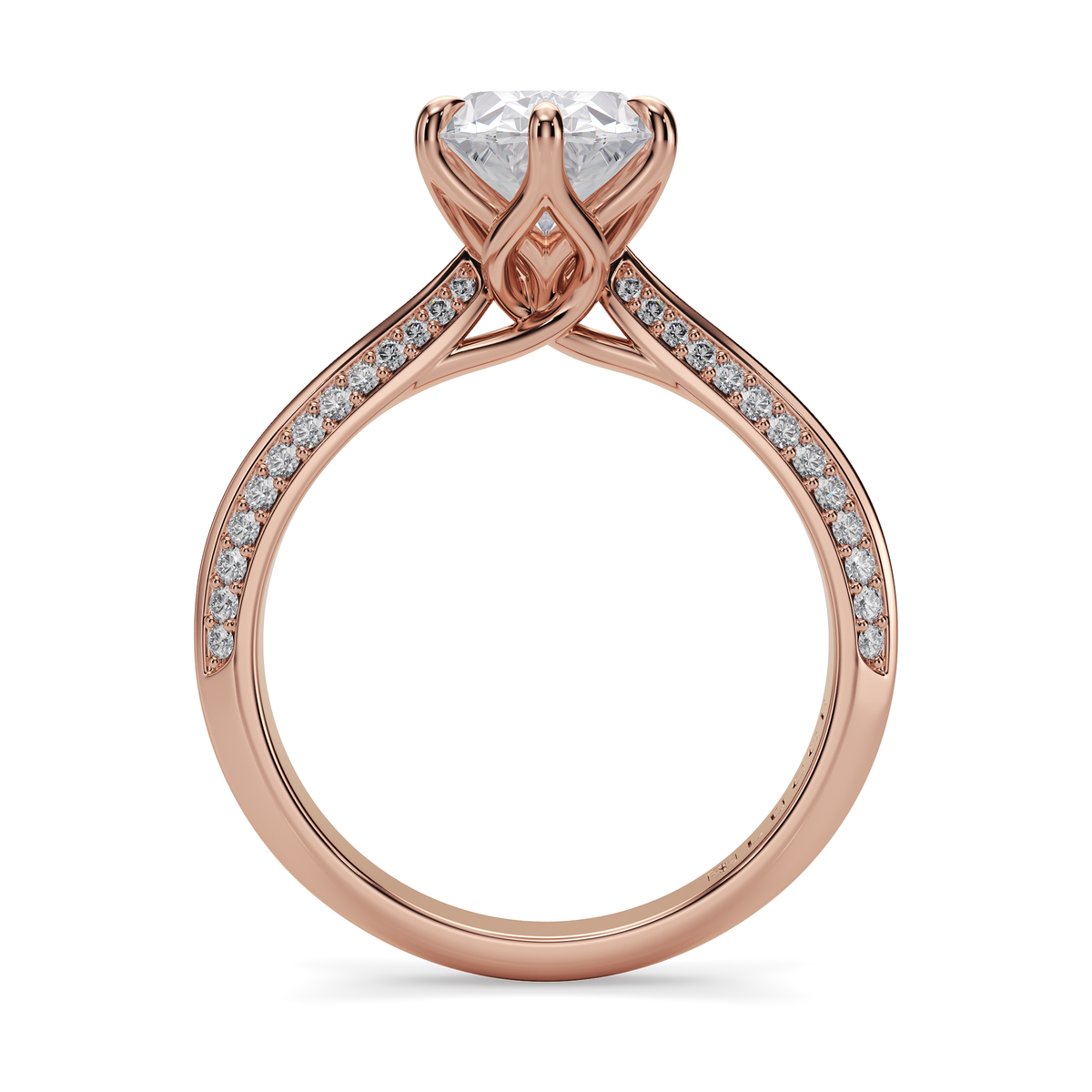 Load image into Gallery viewer, LUCCE Knife Edge Cathedral Oval Diamond Pavé Engagement Ring with Overlapping Petal Prongs in Gold or Platinum
