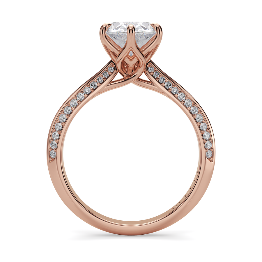 Load image into Gallery viewer, LUCCE Knife Edge Cathedral Oval Diamond Pavé Engagement Ring with Overlapping Petal Prongs in Gold or Platinum
