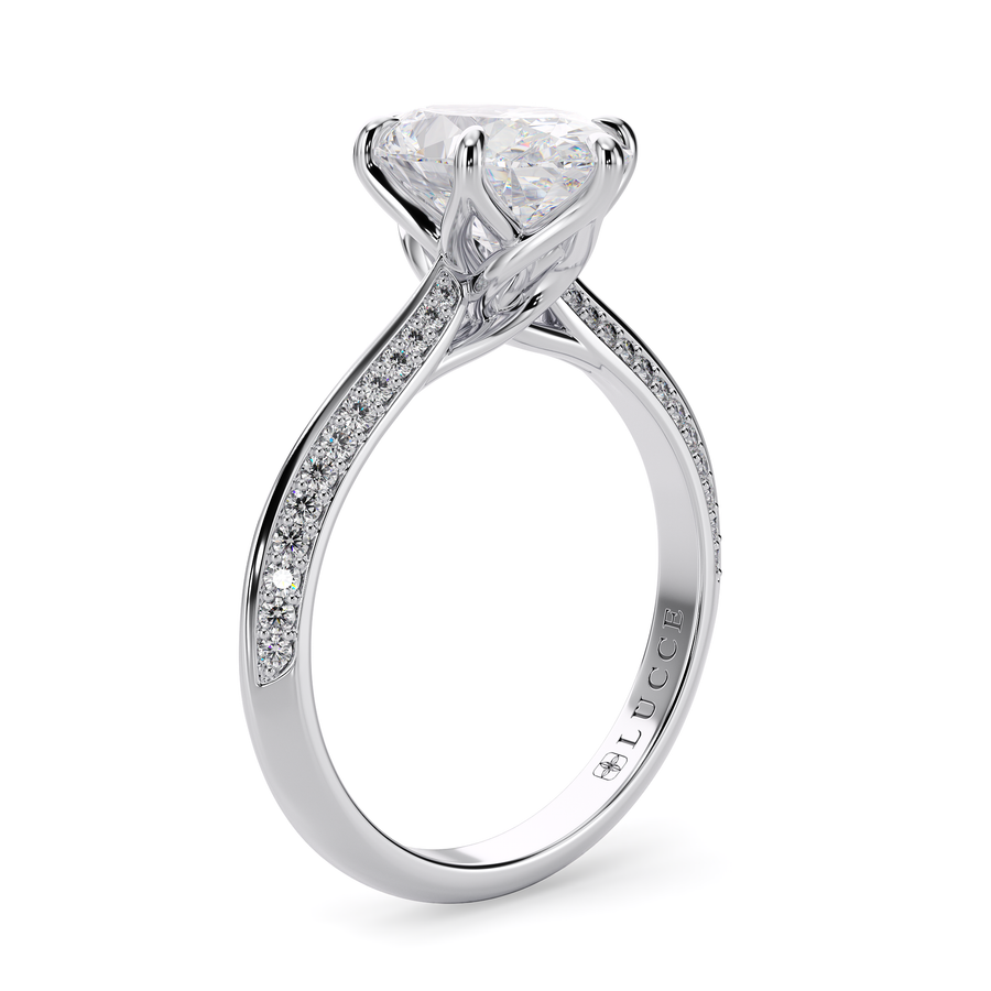 Load image into Gallery viewer, LUCCE Knife Edge Cathedral Oval Diamond Pavé Engagement Ring with Overlapping Petal Prongs in Gold or Platinum
