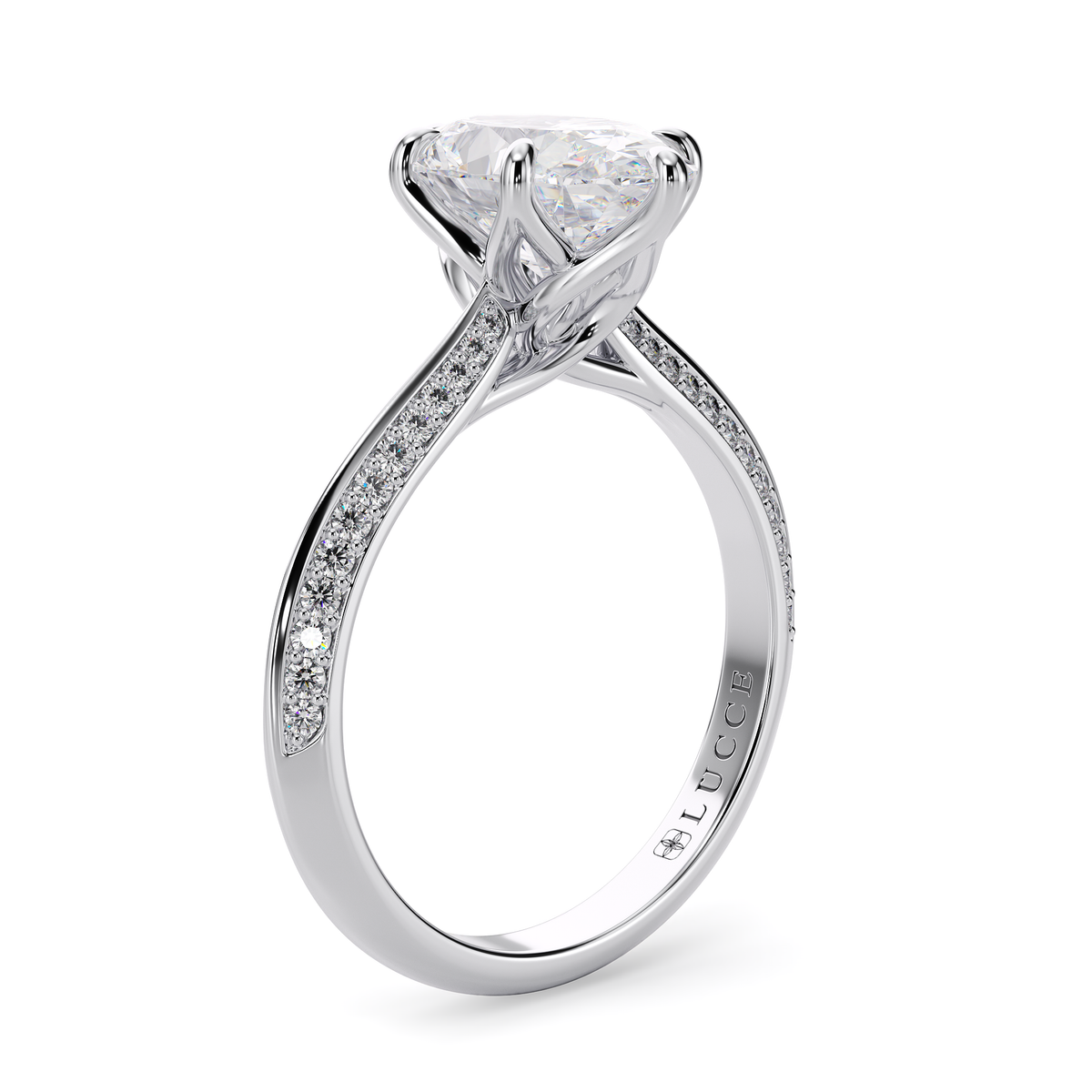 Load image into Gallery viewer, LUCCE Knife Edge Cathedral Oval Diamond Pavé Engagement Ring with Overlapping Petal Prongs in Gold or Platinum
