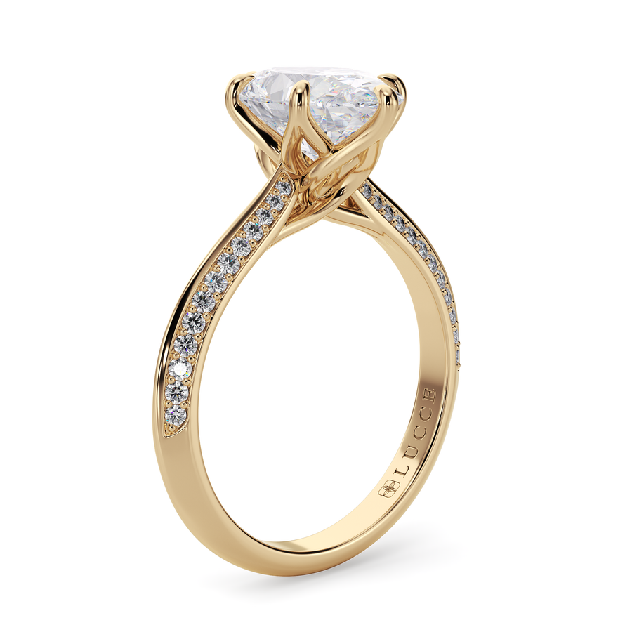 Load image into Gallery viewer, LUCCE Knife Edge Cathedral Oval Diamond Pavé Engagement Ring with Overlapping Petal Prongs in Gold or Platinum
