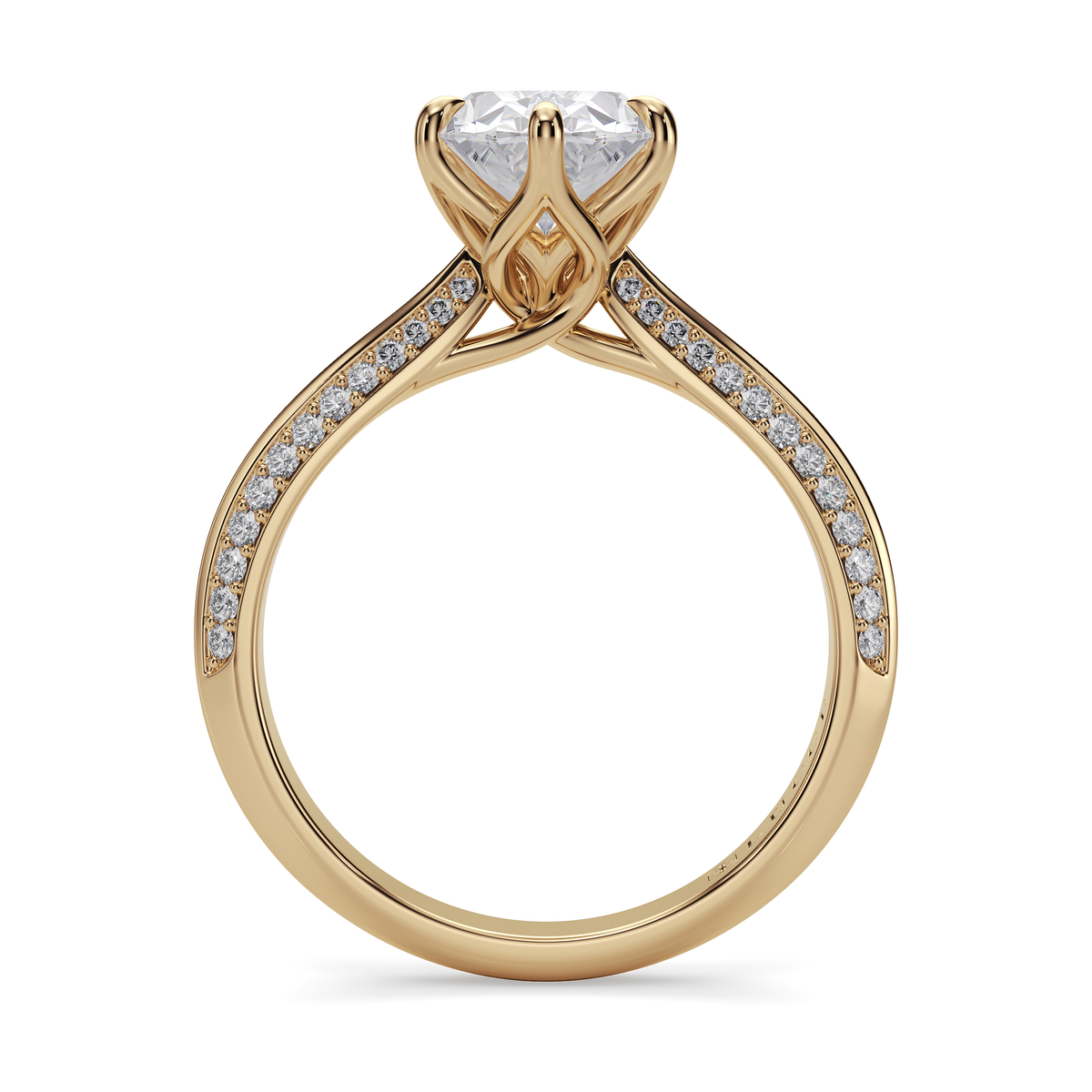 Load image into Gallery viewer, LUCCE Knife Edge Cathedral Oval Diamond Pavé Engagement Ring with Overlapping Petal Prongs in Gold or Platinum
