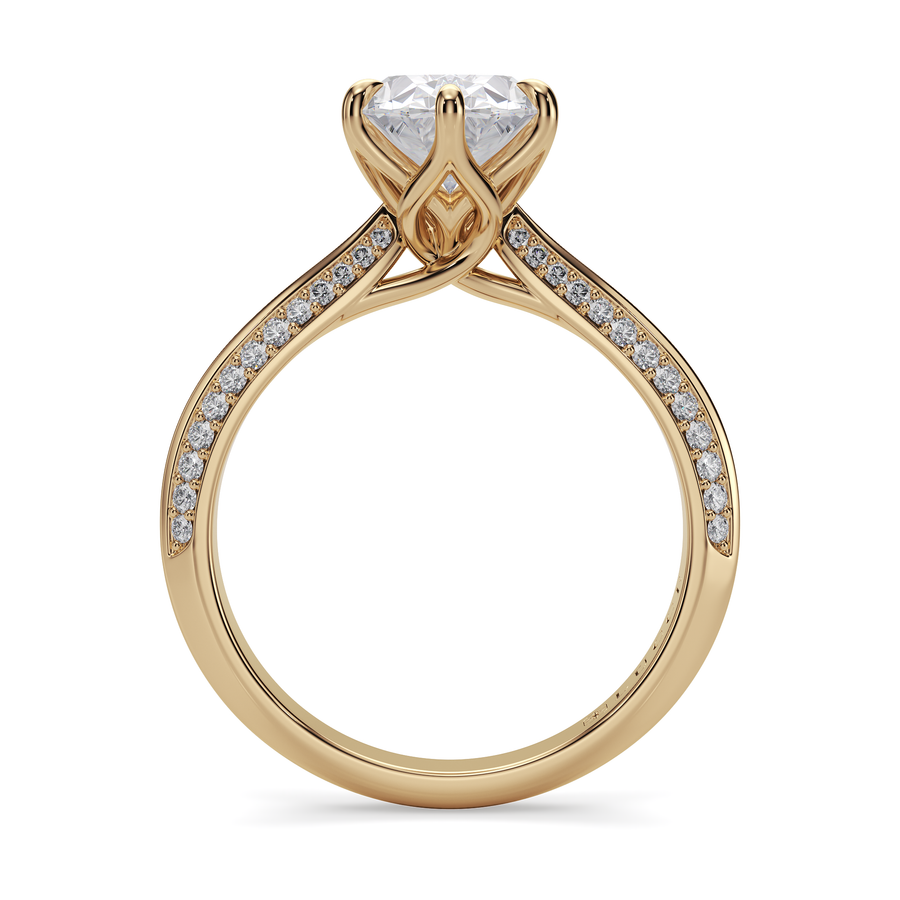 Load image into Gallery viewer, LUCCE Knife Edge Cathedral Oval Diamond Pavé Engagement Ring with Overlapping Petal Prongs in Gold or Platinum
