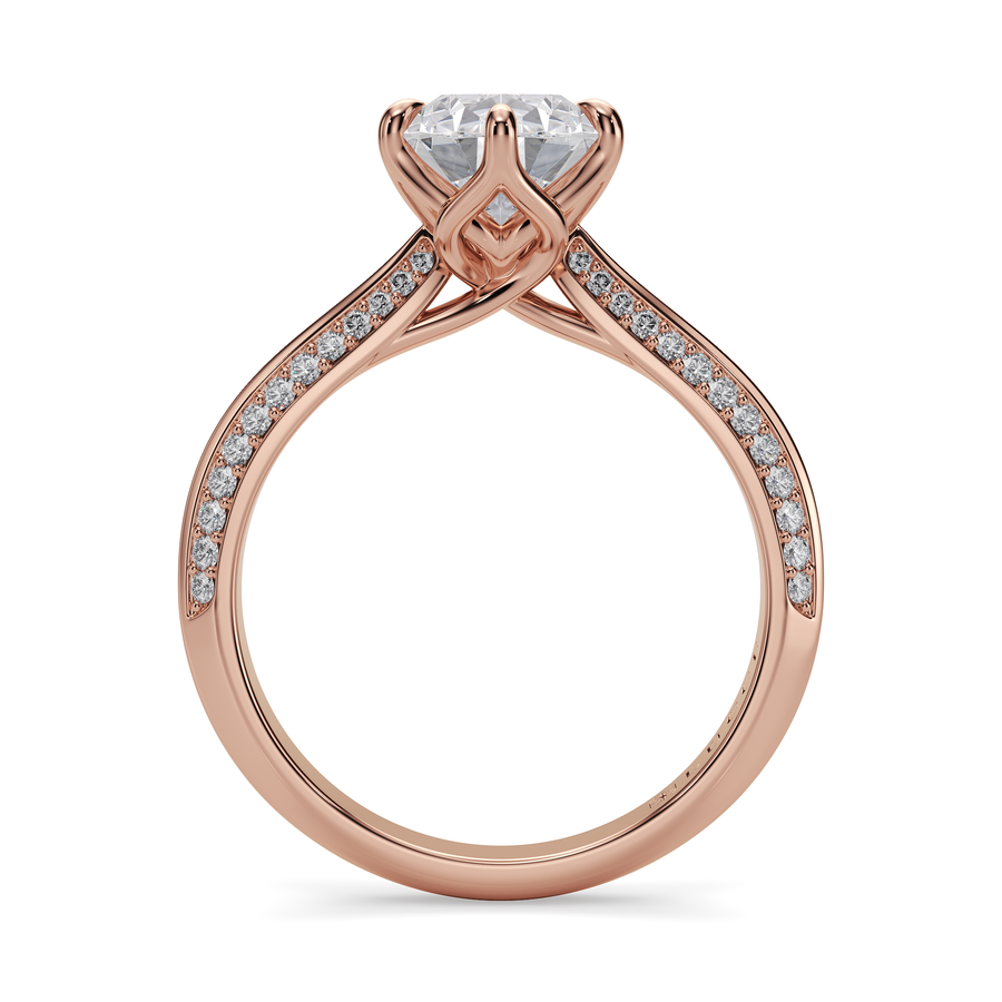 Load image into Gallery viewer, LUCCE Knife Edge Cathedral Pear Diamond Pavé Engagement Ring with Overlapping Petal Prongs in Gold or Platinum
