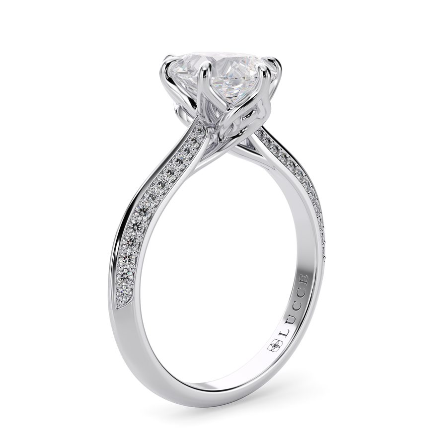 Load image into Gallery viewer, LUCCE Knife Edge Cathedral Pear Diamond Pavé Engagement Ring with Overlapping Petal Prongs in Gold or Platinum
