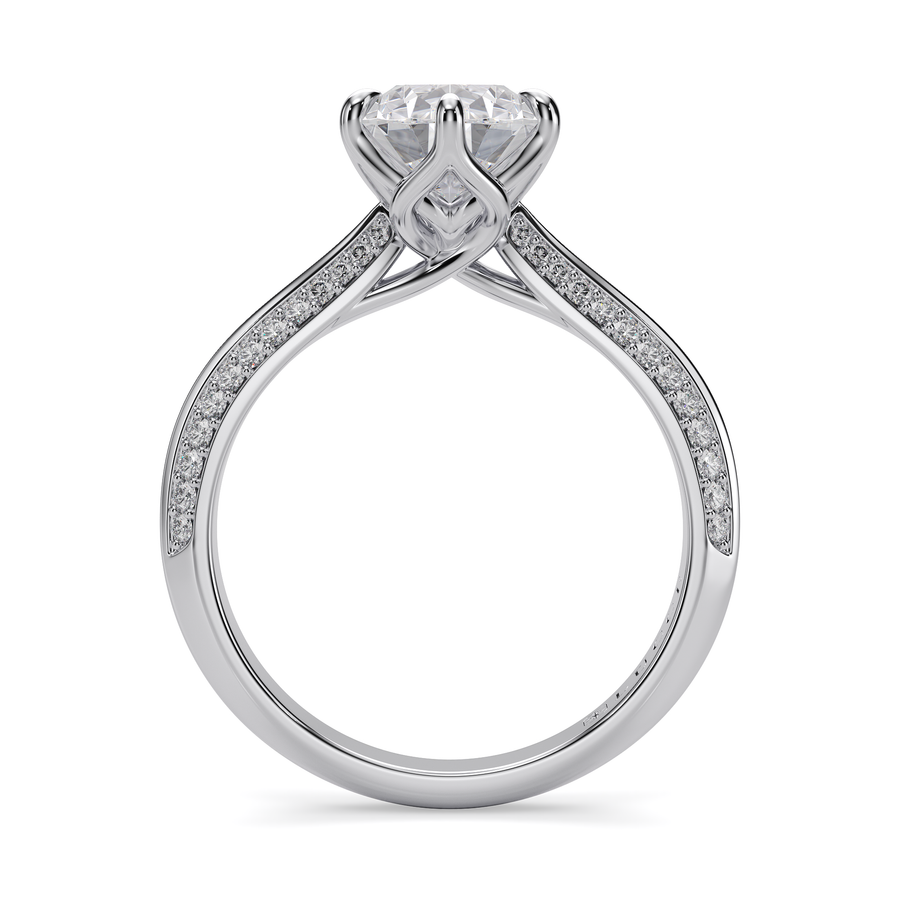 Load image into Gallery viewer, LUCCE Knife Edge Cathedral Pear Diamond Pavé Engagement Ring with Overlapping Petal Prongs in Gold or Platinum
