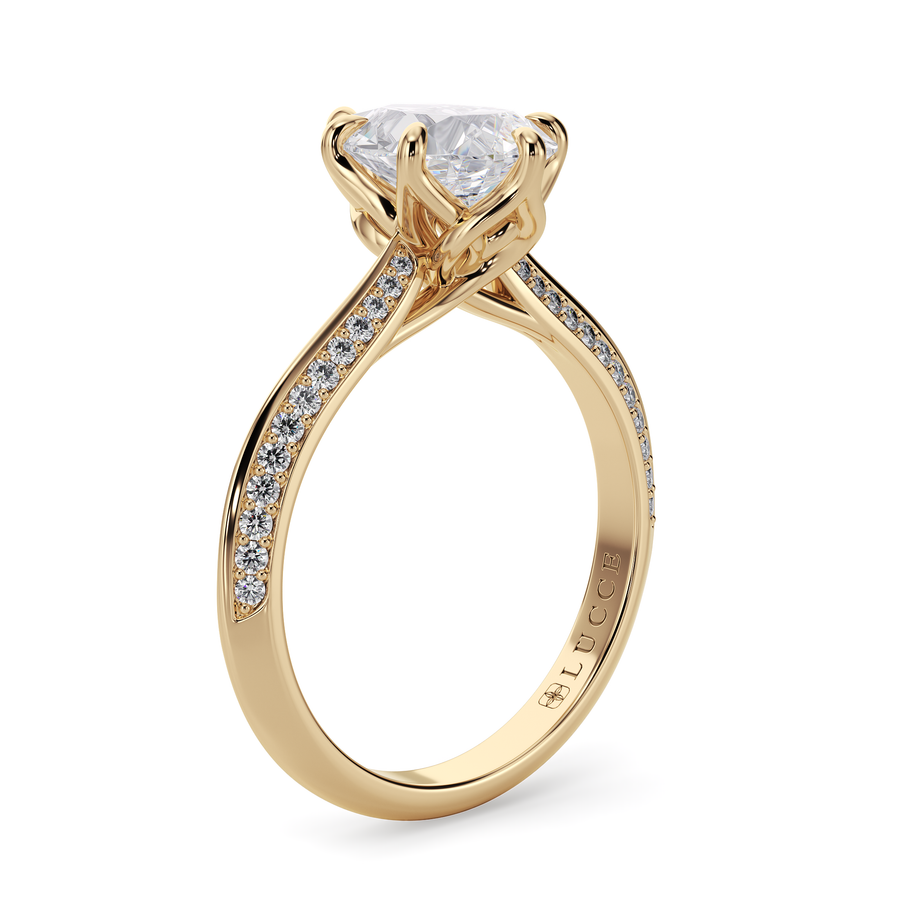 Load image into Gallery viewer, LUCCE Knife Edge Cathedral Pear Diamond Pavé Engagement Ring with Overlapping Petal Prongs in Gold or Platinum
