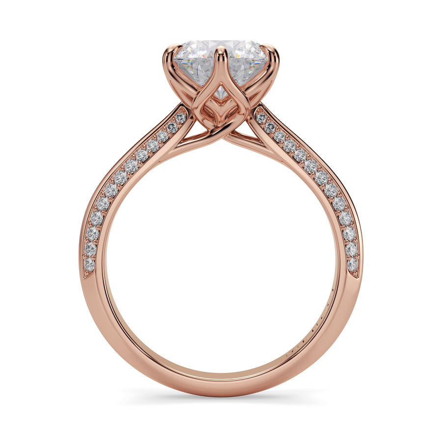 Load image into Gallery viewer, LUCCE Knife Edge Cathedral Round Diamond Pavé Engagement Ring with Overlapping Petal Prongs in Gold or Platinum

