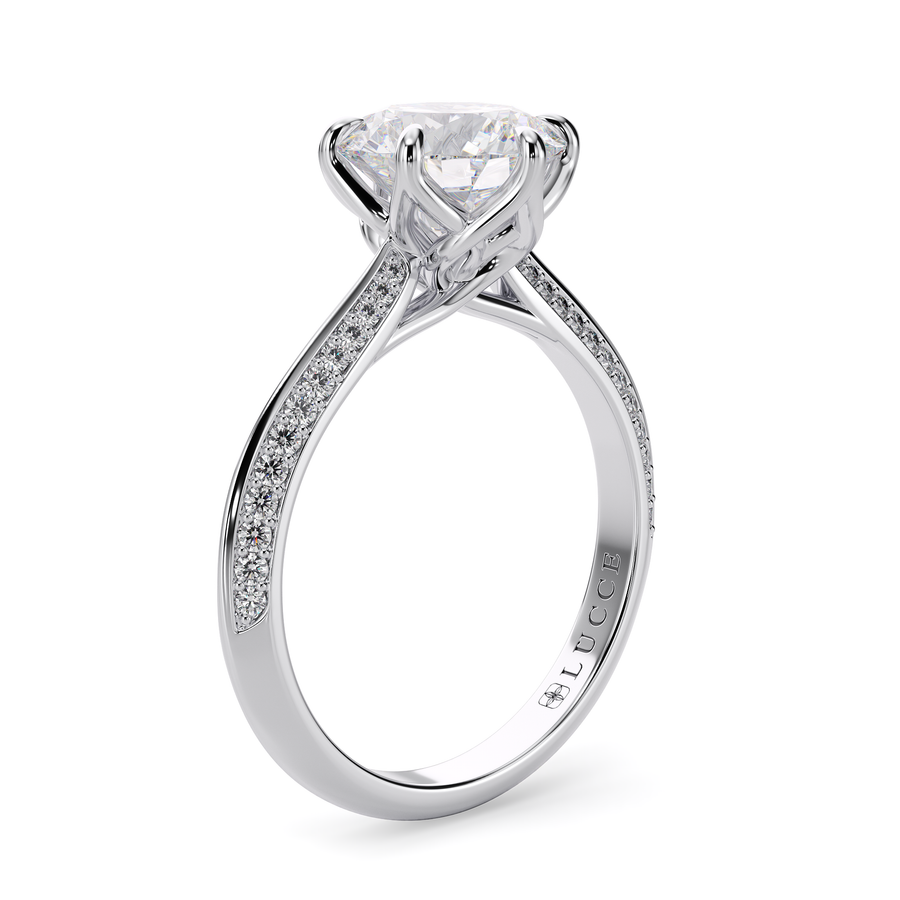 Load image into Gallery viewer, LUCCE Knife Edge Cathedral Round Diamond Pavé Engagement Ring with Overlapping Petal Prongs in Gold or Platinum
