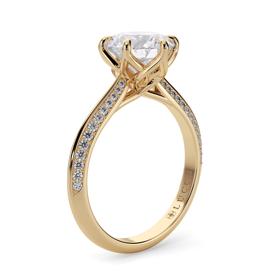 Load image into Gallery viewer, LUCCE Knife Edge Cathedral Round Diamond Pavé Engagement Ring with Overlapping Petal Prongs in Gold or Platinum
