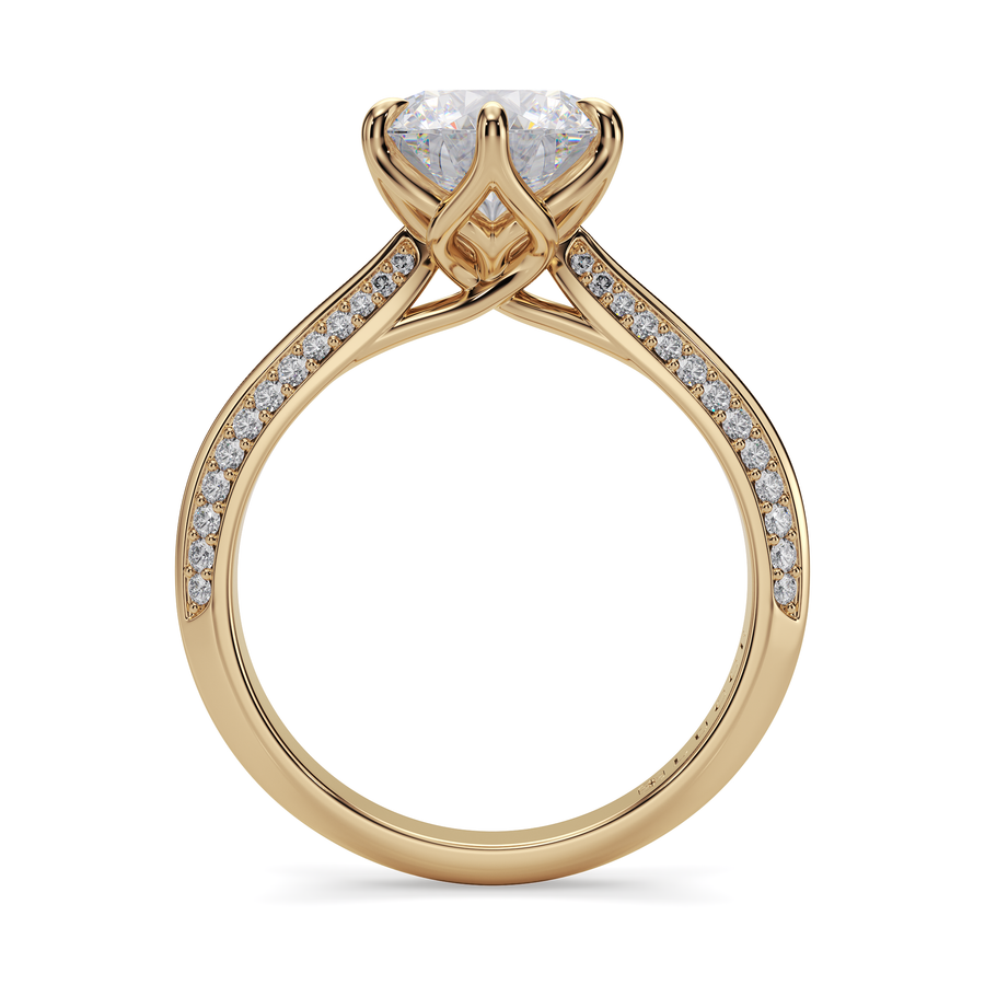 Load image into Gallery viewer, LUCCE Knife Edge Cathedral Round Diamond Pavé Engagement Ring with Overlapping Petal Prongs in Gold or Platinum
