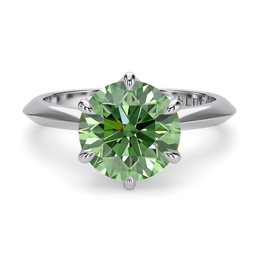 Load image into Gallery viewer, LUCCE Knife Edge Cathedral Round Green Diamond Solitaire Engagement Ring with Overlapping Petal Prongs in Gold or Platinum
