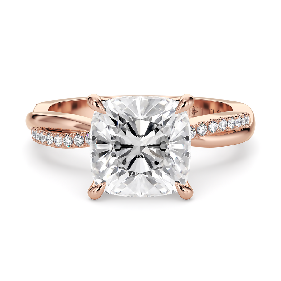 Load image into Gallery viewer, LUCCE Twisting Cushion Pavé Diamond Engagement Ring with Petal Prongs in Gold or Platinum
