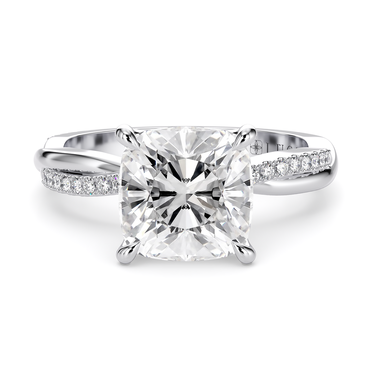 Load image into Gallery viewer, LUCCE Twisting Cushion Pavé Diamond Engagement Ring with Petal Prongs in Gold or Platinum
