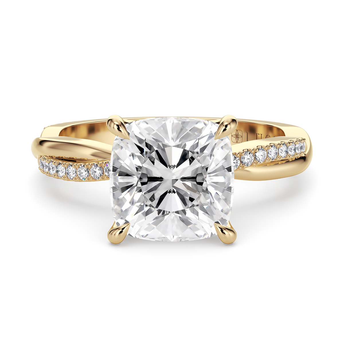 Load image into Gallery viewer, LUCCE Twisting Cushion Pavé Diamond Engagement Ring with Petal Prongs in Gold or Platinum
