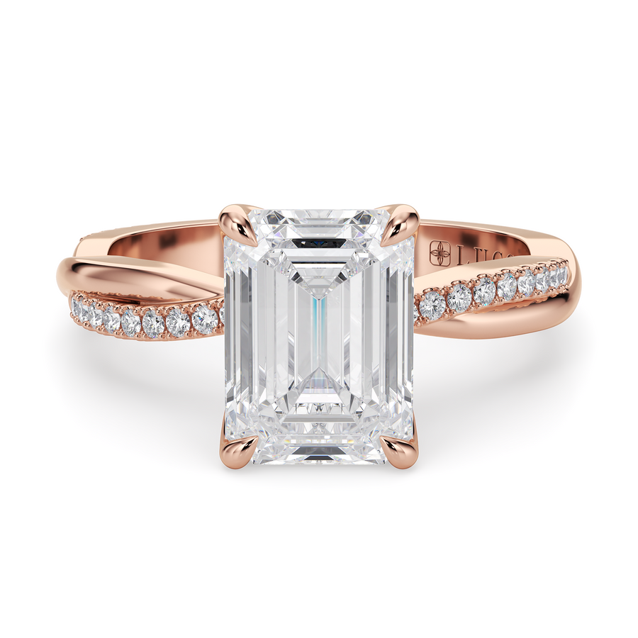 Load image into Gallery viewer, LUCCE Twisting Emerald Pavé Diamond Engagement Ring with Petal Prongs in Gold or Platinum
