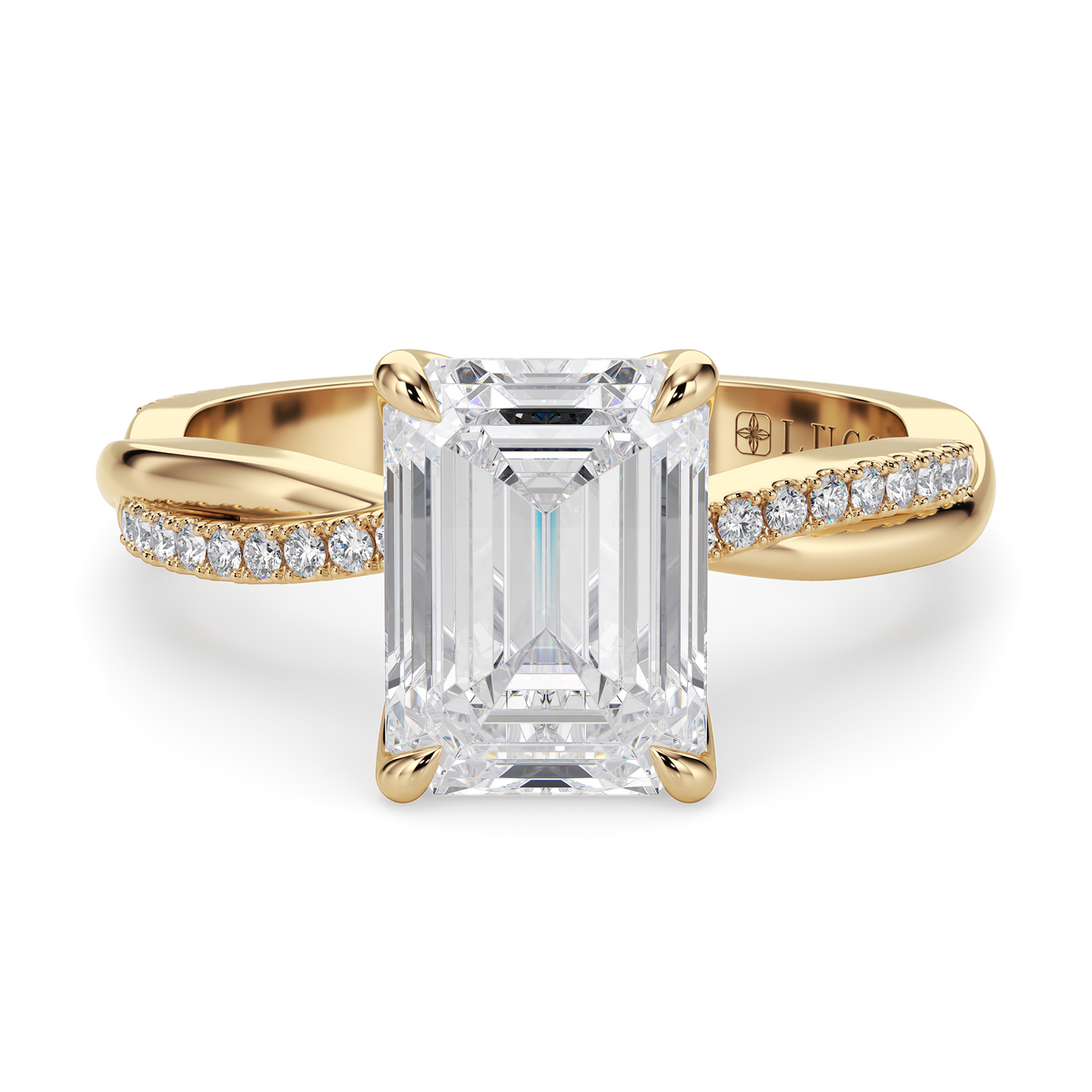 Load image into Gallery viewer, LUCCE Twisting Emerald Pavé Diamond Engagement Ring with Petal Prongs in Gold or Platinum

