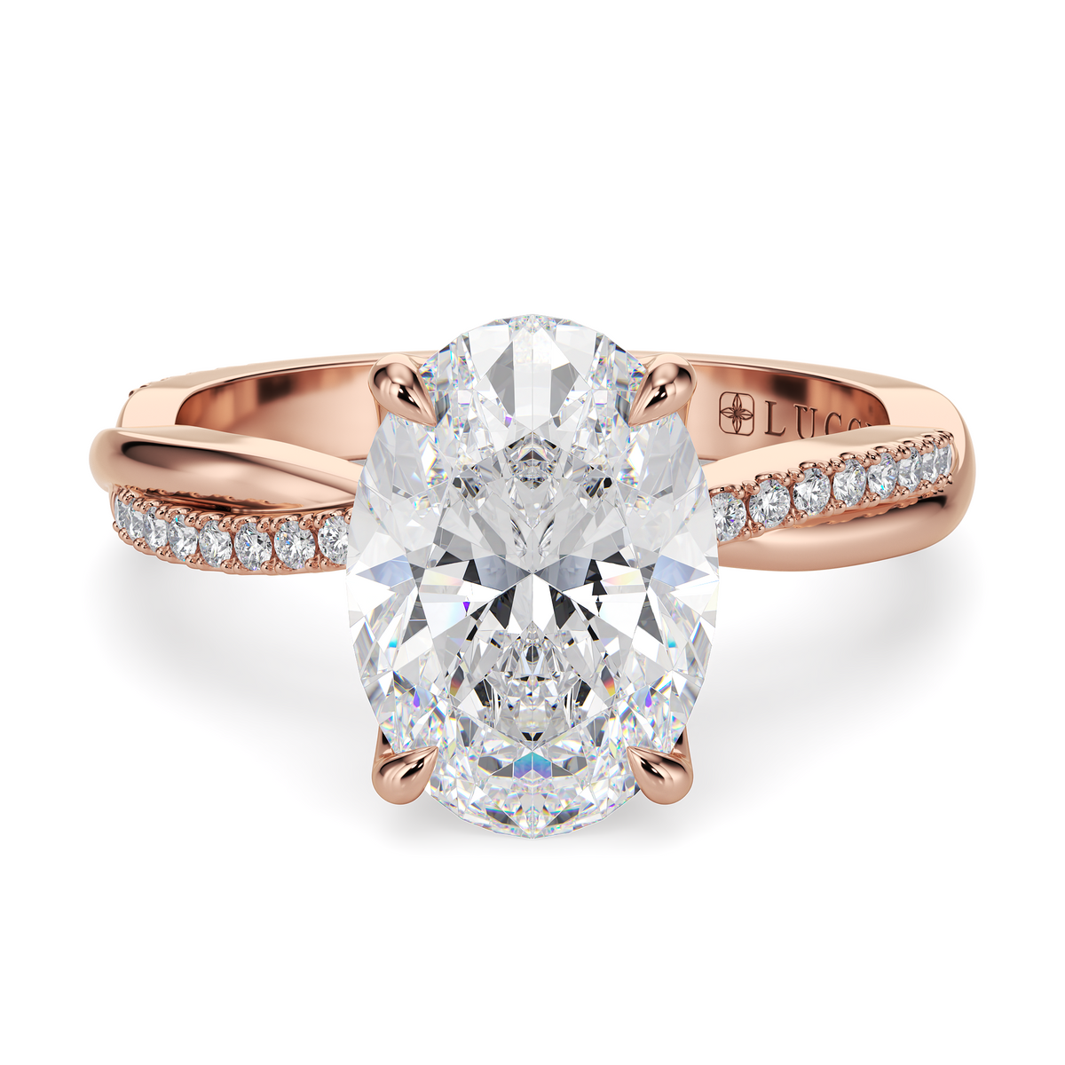 Load image into Gallery viewer, LUCCE Twisting Pavé Oval  Diamond Engagement Ring with Petal Prongs in Gold or Platinum
