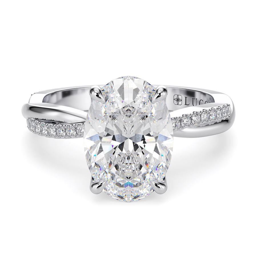 Load image into Gallery viewer, LUCCE Twisting Pavé Oval  Diamond Engagement Ring with Petal Prongs in Gold or Platinum
