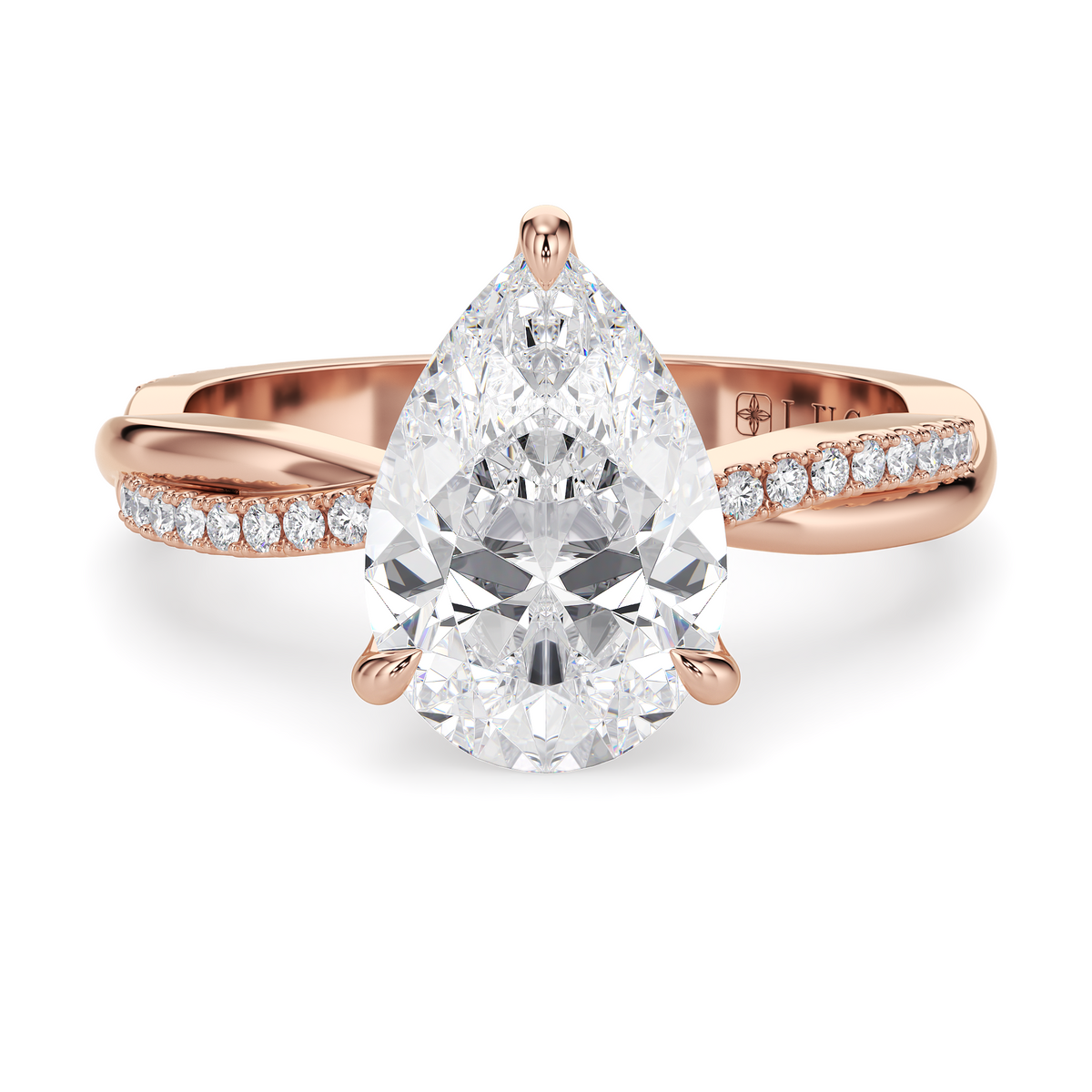 Load image into Gallery viewer, LUCCE Twisting Pear Pavé Diamond Engagement Ring with Petal Prongs in Gold or Platinum
