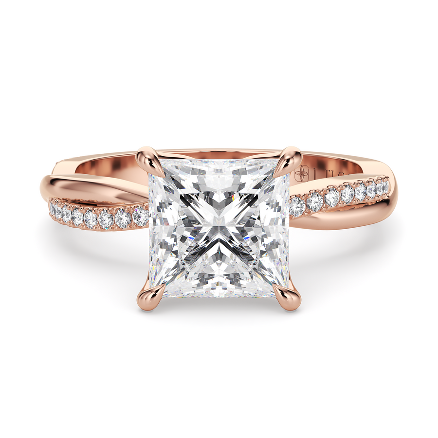 Load image into Gallery viewer, LUCCE Twisting Princess Pavé Diamond Engagement Ring with Petal Prongs in Gold or Platinum

