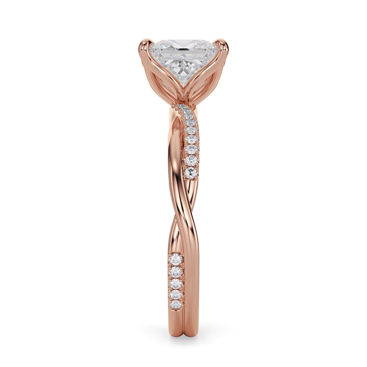 Load image into Gallery viewer, LUCCE Twisting Princess Pavé Diamond Engagement Ring with Petal Prongs in Gold or Platinum
