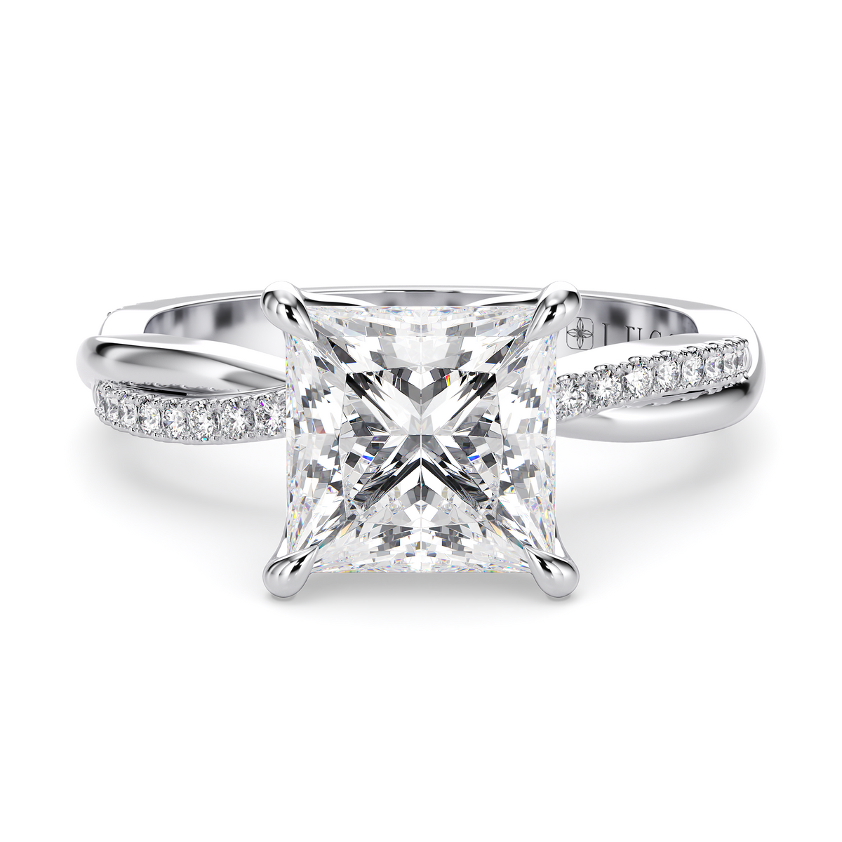 Load image into Gallery viewer, LUCCE Twisting Princess Pavé Diamond Engagement Ring with Petal Prongs in Gold or Platinum
