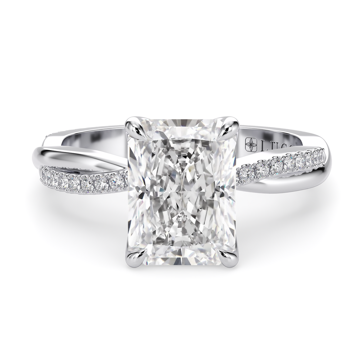 Load image into Gallery viewer, LUCCE Twisting Radiant Pave Diamond Engagement Ring with Petal Prongs in Gold or Platinum
